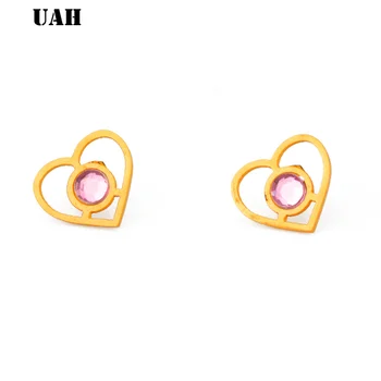 UAH Kore AAA + Temizle Kübik Zirkonya Küçük Saplama Küpe Kadınlar için Kalp Yuvarlak Paslanmaz çelik Küpe moda takı
