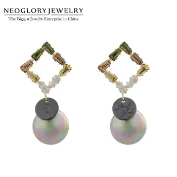 Neoglory Vintage Yamuk Şekli Zirkon Kare Küpe Kadınlar için Trendy Sikke ve İnci Damla Earrings2020 moda takı