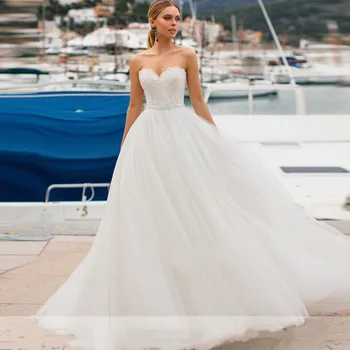 Zarif Balo 2023 Straplez Sevgiliye Dantel-Up Beyaz Aplike gelin kıyafeti Tül Klasik Vestido Novia Kadın Elbisesi