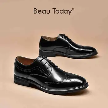 Brogue erkek ayakkabısı Hakiki Dana Derisi Ağda Yuvarlak Ayak Iş Ziyafet Ayakkabı Dantel-Up Derby Ayakkabı Erkekler ıçin El Yapımı BeauToday 51049